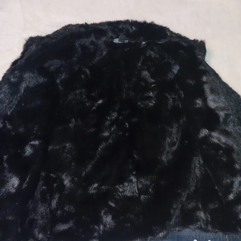 Dennis Basso Blue Denim Jacket with Black Faux Fur Trim - Picture 3 of 6
